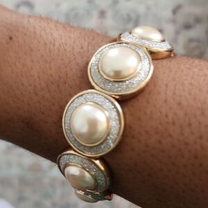 Monet Faux Pearl Disc Bracelet Gold Tone Pavé Accent Elegant Classic